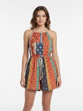 Boho Sunflower Patchwork Halter Shorts - Bright Multi